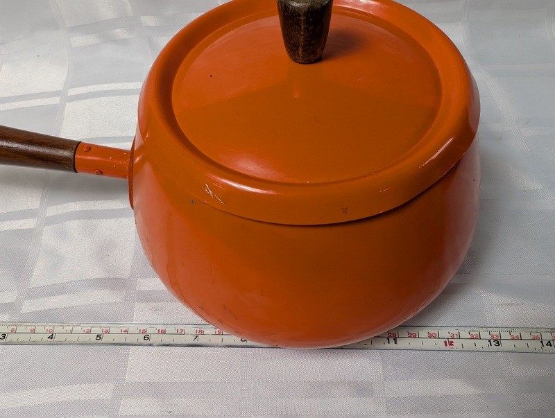 Orange enamel pot with lid and wooden handle - image 12 of 14