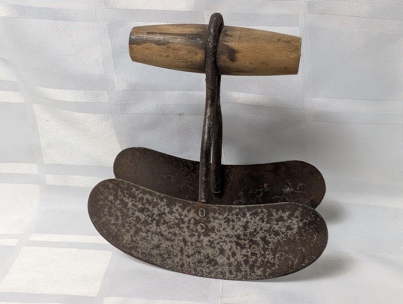 Vintage hand tool with wooden handle and paired curved metal blades - image 1 of 6