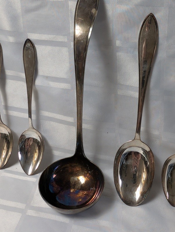 Set of tarnished silver spoons and a serving ladle - image 5 of 10