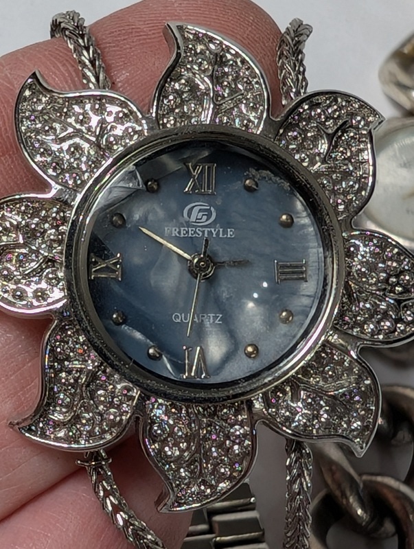 Floral rhinestone pendant watch and silver link bracelet watch - image 5 of 11