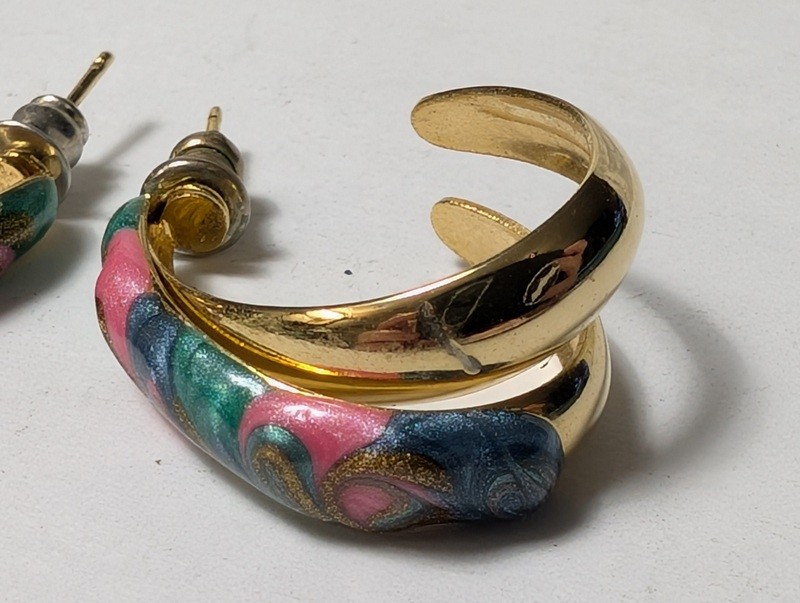 Citrine ring, pink gemstone ring, and enamel hoop earrings - image 2 of 13