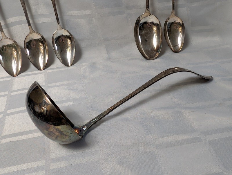 Set of tarnished silver spoons and a serving ladle - image 9 of 10