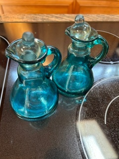 Wood Mortar & Pestle with Blue Glass Cruets and Double-Spout Decanter - image 2 of 3