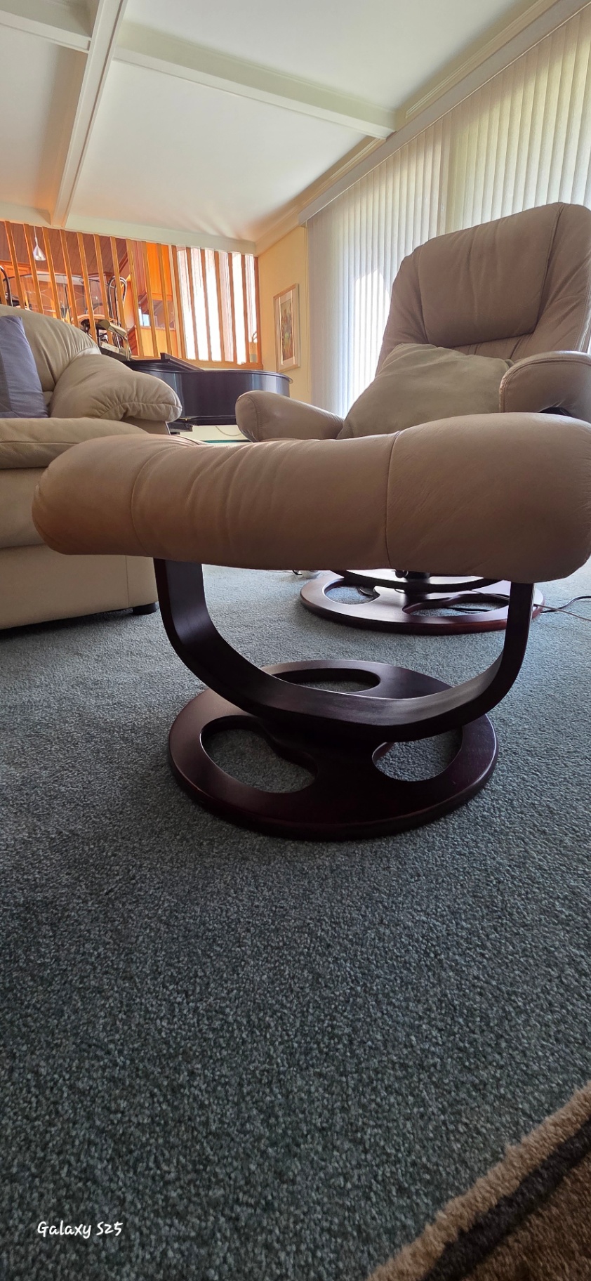 Leather Ottoman/Footstool – Tan Leather with Swivel Wood Base - image 4 of 4
