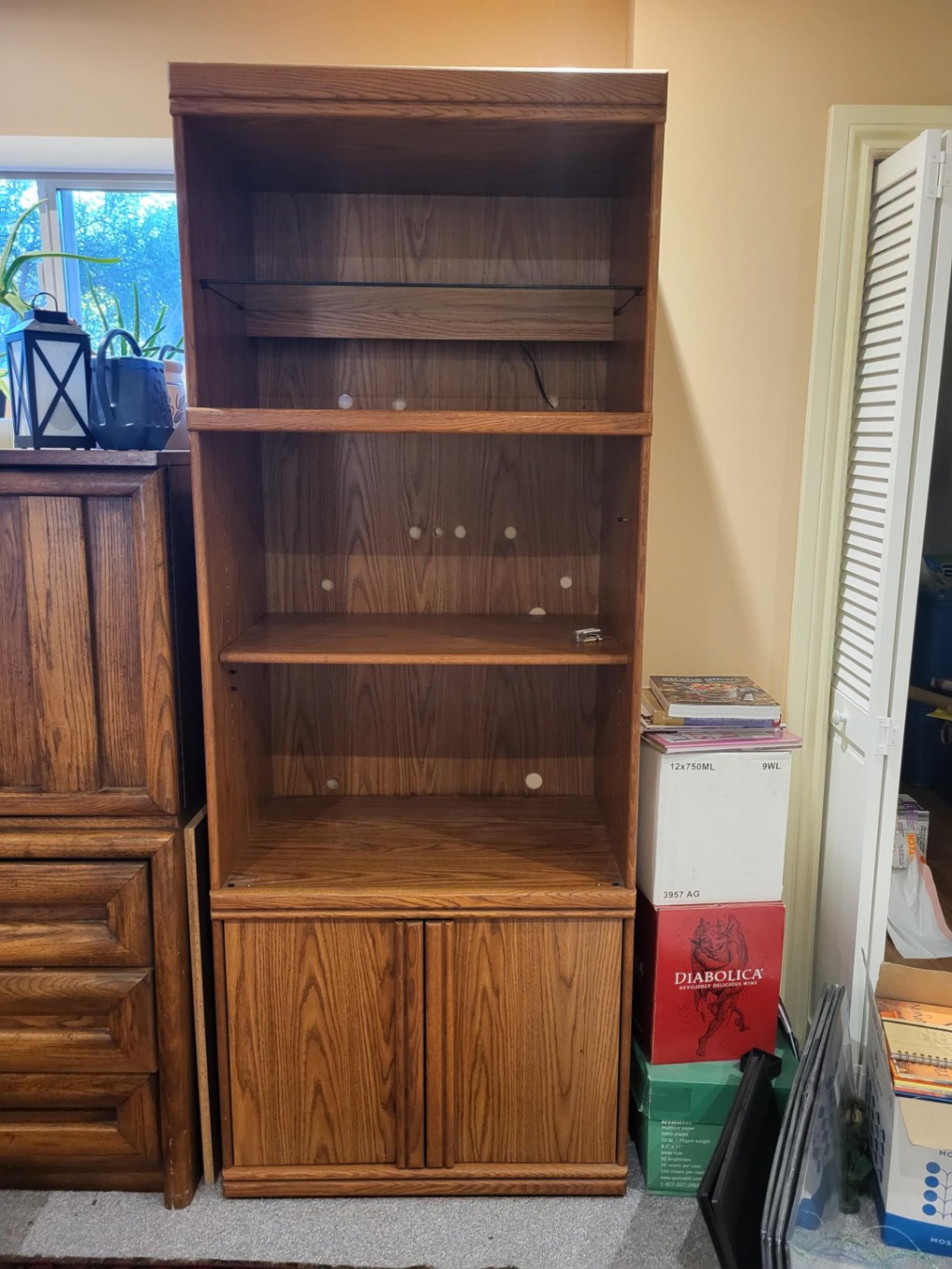 Tall Oak-Finish Display/Bookcase Cabinet with Lighted Top Shelf - image 1 of 3