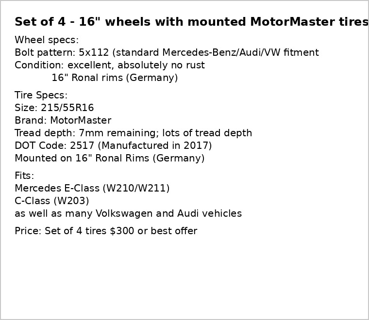 Set of Mercedes-Benz Alloy Wheels with Tires - Minimum bid of $300 ONO - image 4 of 4