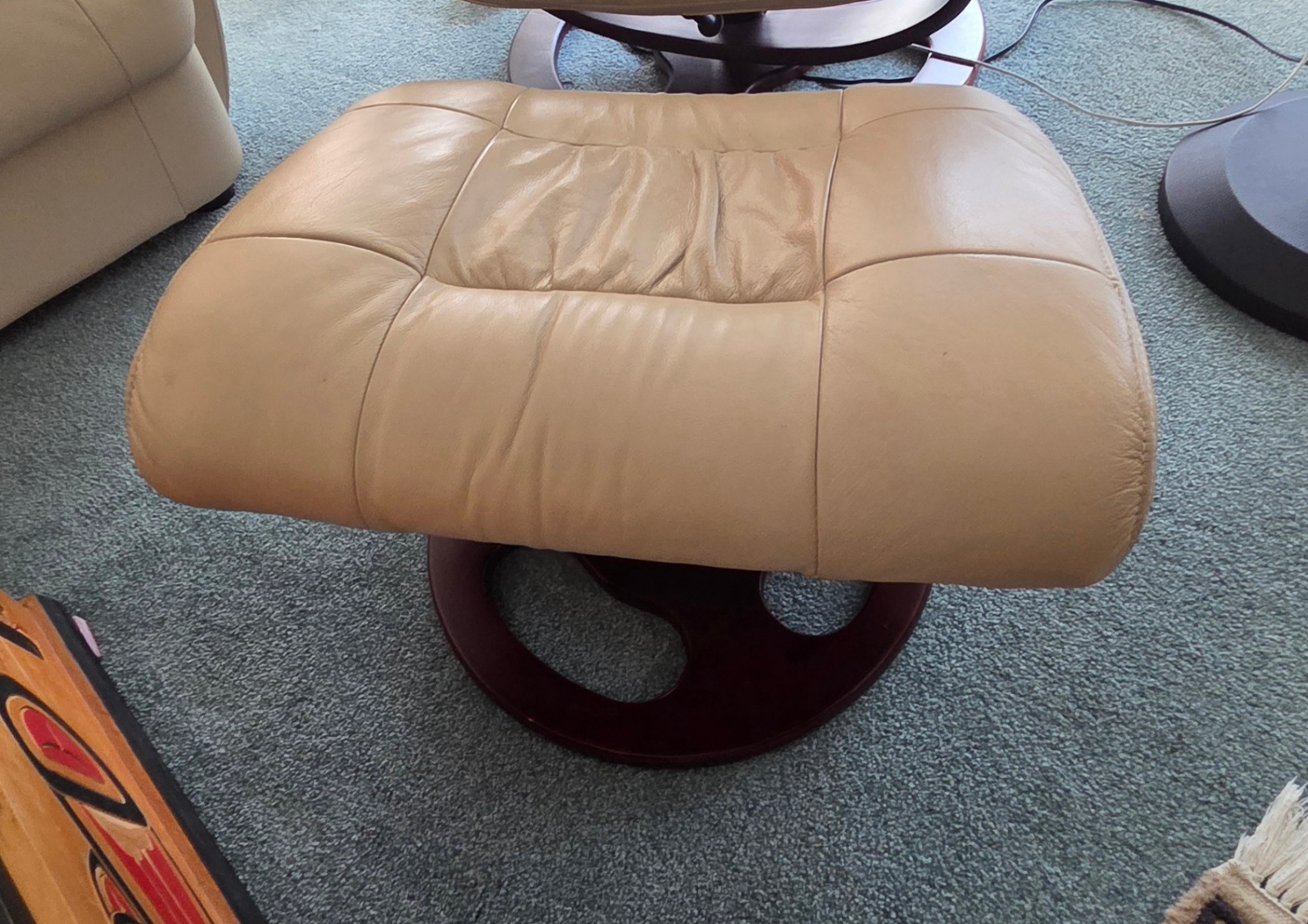 Leather Ottoman/Footstool – Tan Leather with Swivel Wood Base - image 3 of 4