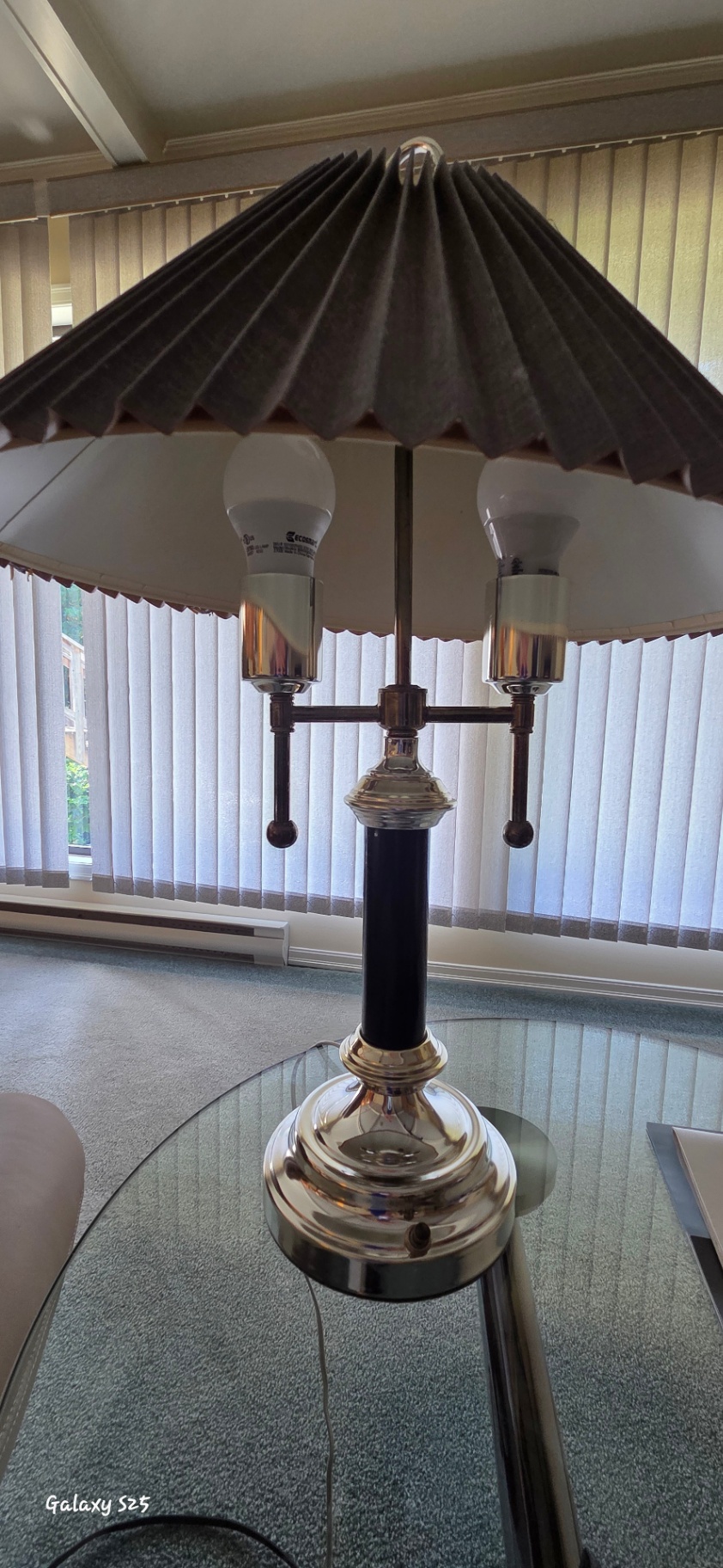 Table lamp with black pleated shade and Sony Dream Machine alarm clock - image 1 of 4