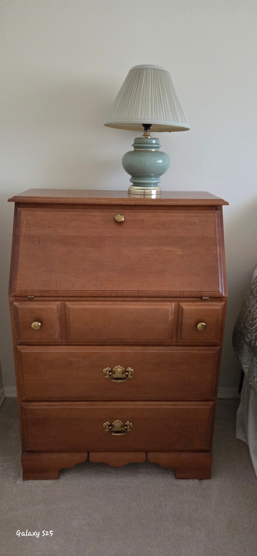 Tall wooden dresser with lift-top desk and brass hardware - image 2 of 2