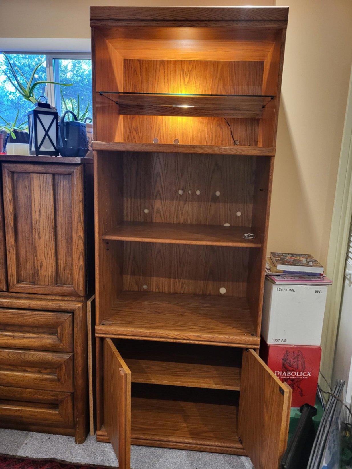 Tall Oak-Finish Display/Bookcase Cabinet with Lighted Top Shelf - image 3 of 3