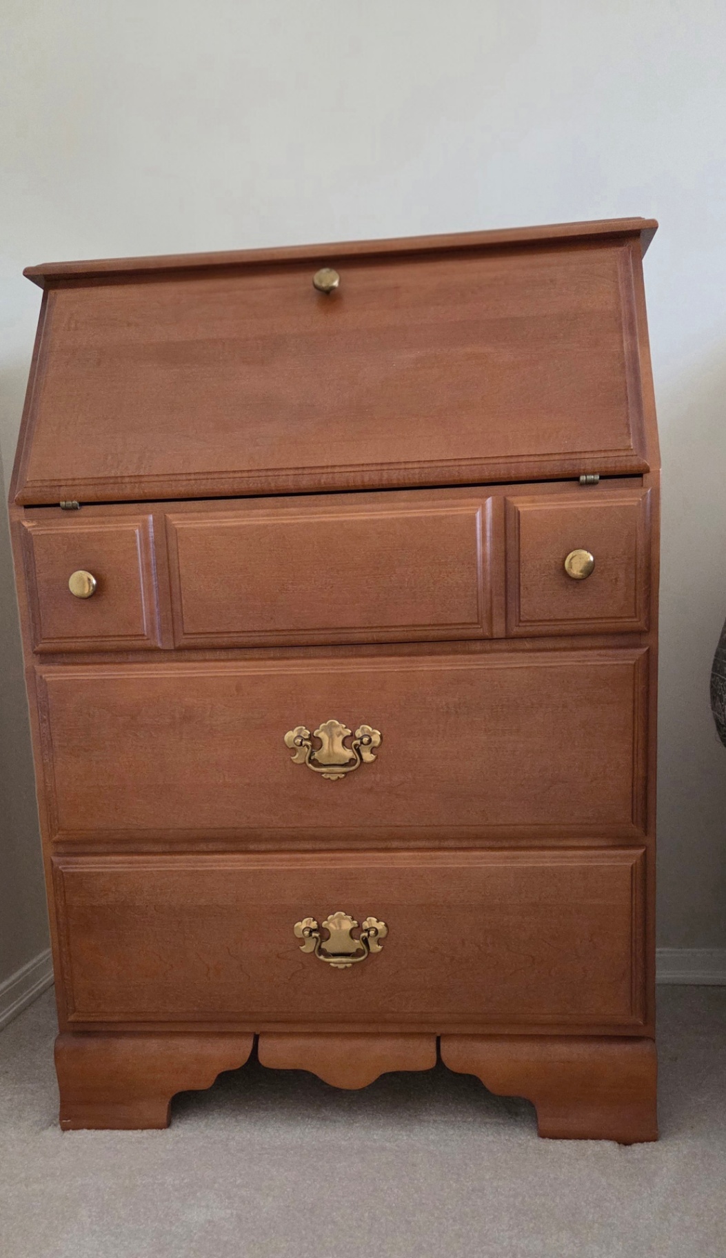 Tall wooden dresser with lift-top desk and brass hardware - image 1 of 2