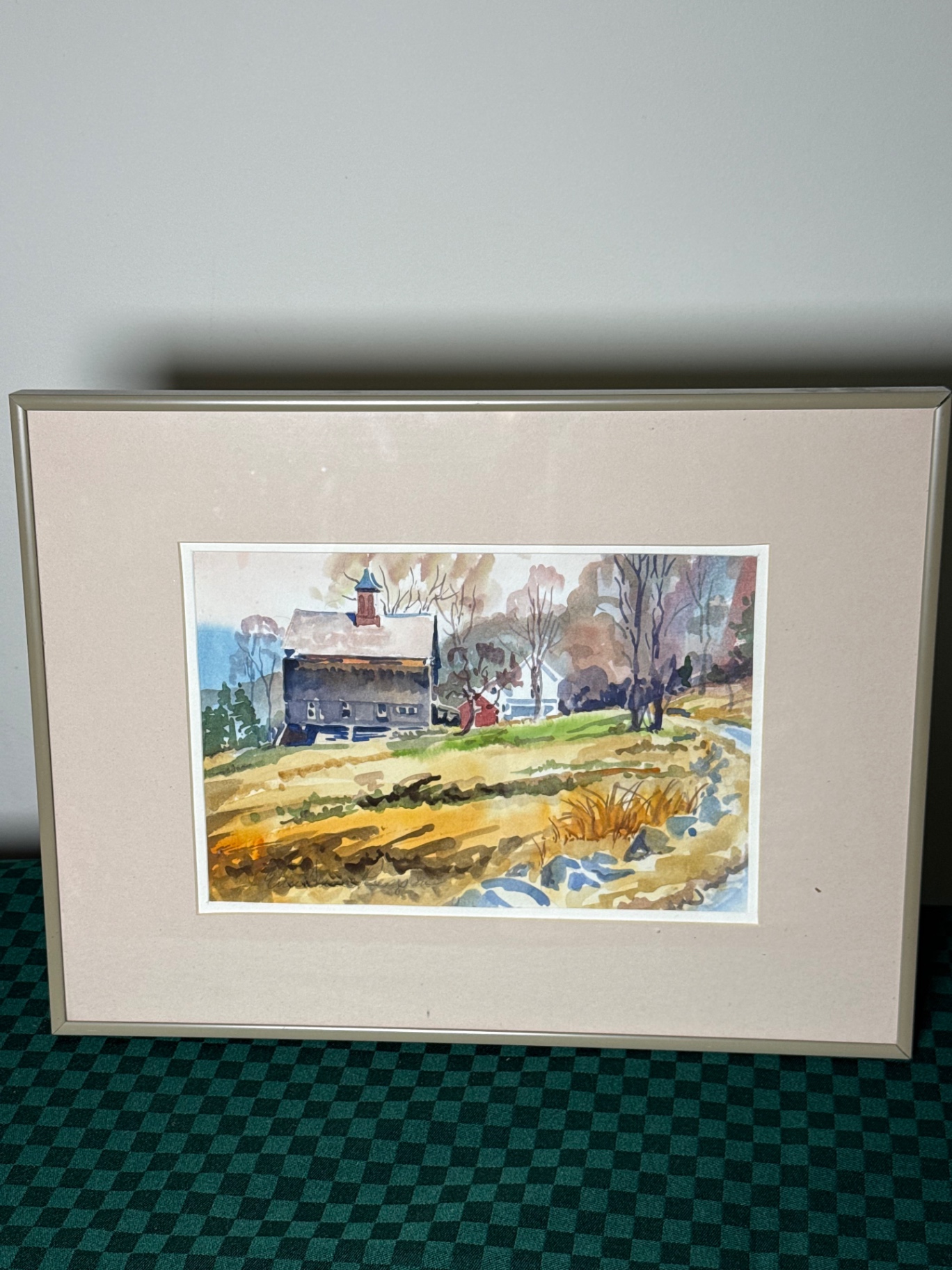 Framed watercolor landscape with farmhouse - image 1 of 7