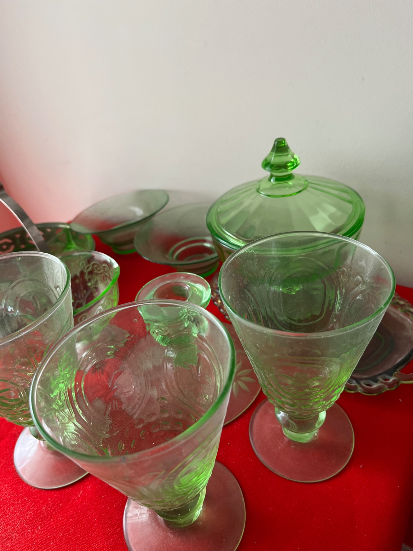 Green glassware collection with lidded dish and metal basket - image 3 of 5