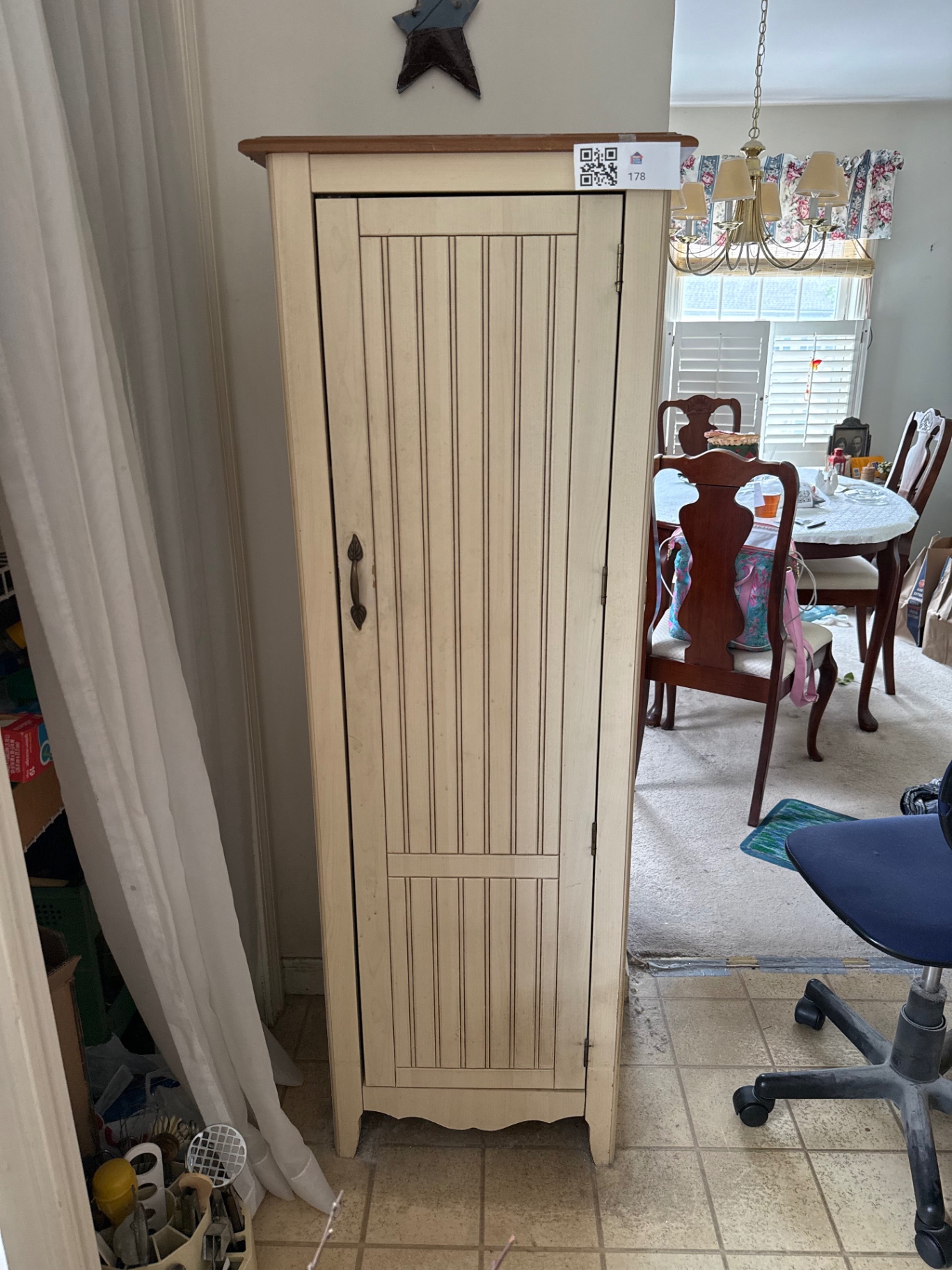 Tall Cream Cabinet with Shelves and Wood Top - image 1 of 7