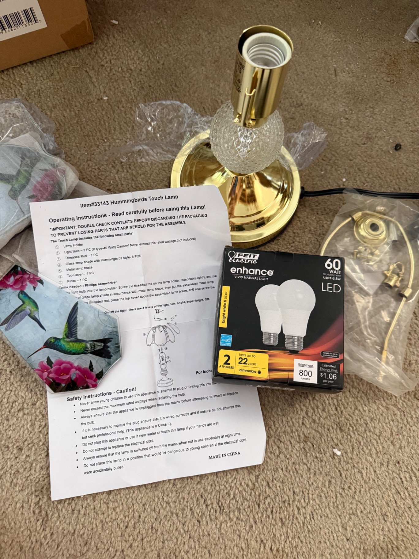 Hummingbirds Touch Lamp Kit with LED Bulbs and Hardware - image 1 of 8