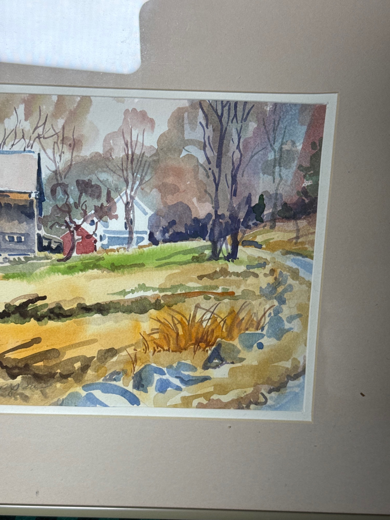 Framed watercolor landscape with farmhouse - image 3 of 7