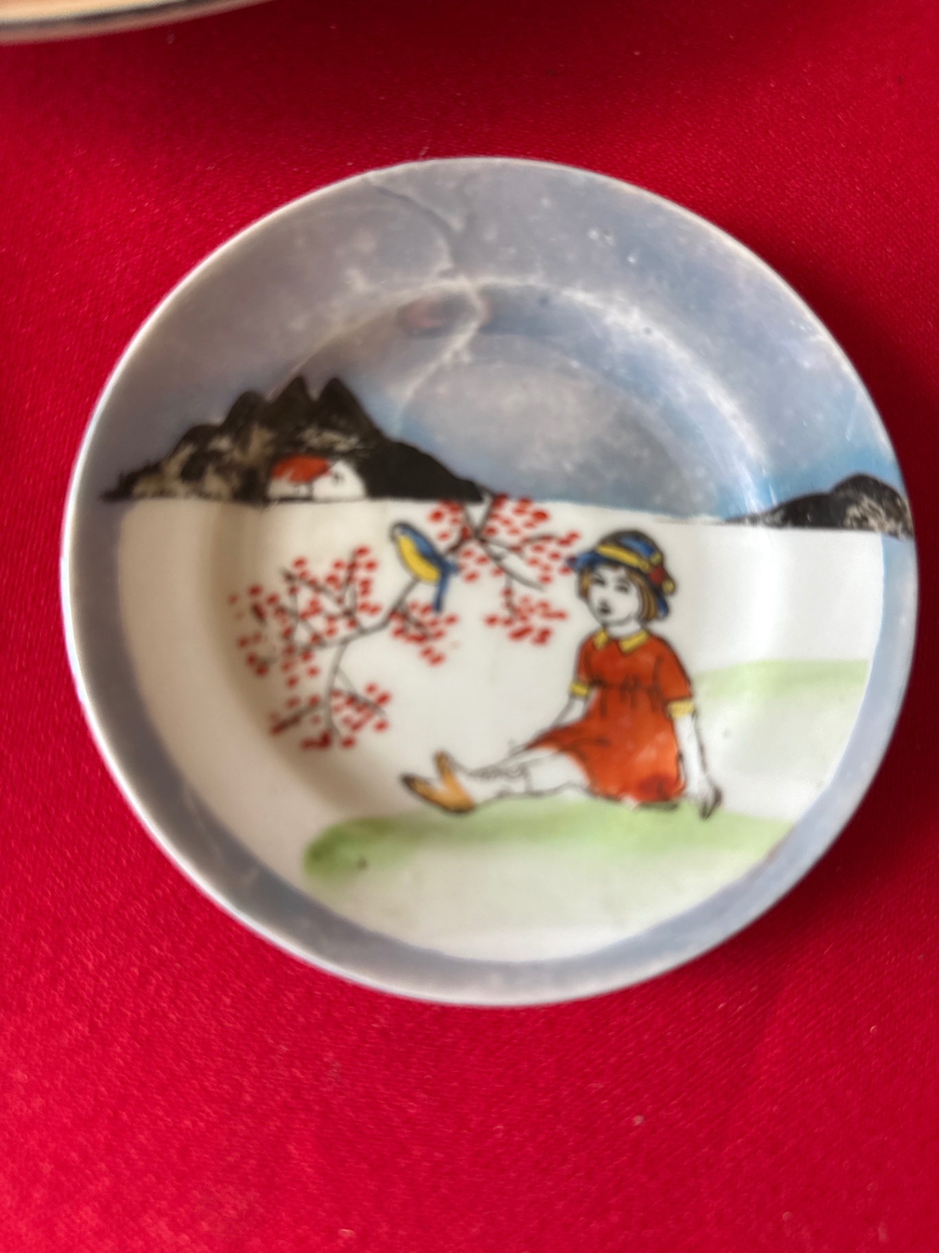 Assorted Japanese porcelain bowls and platter with landscape, dragon and girl motifs - image 5 of 8
