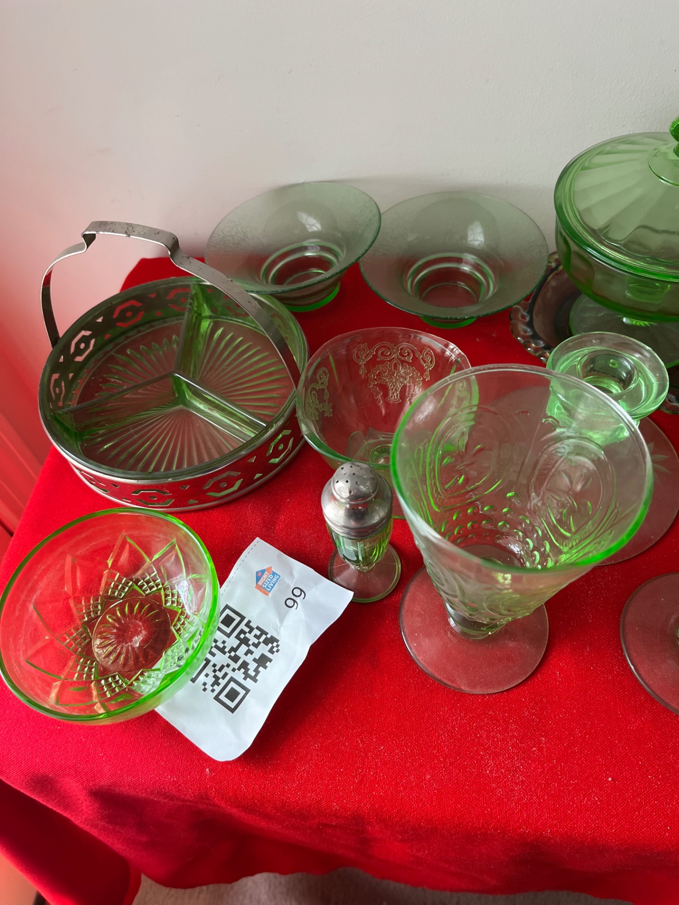 Green glassware collection with lidded dish and metal basket - image 1 of 5