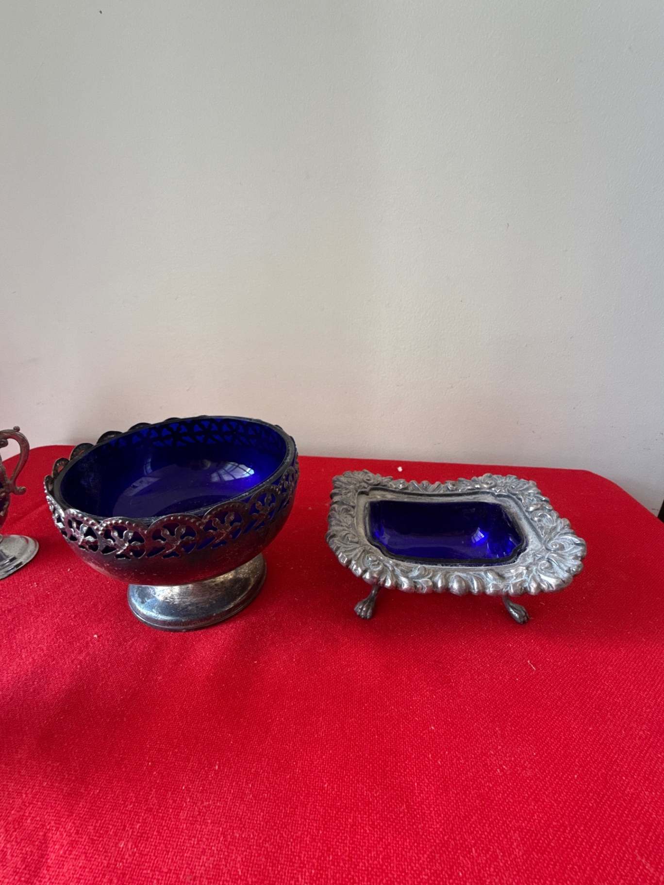 Ornate silver-tone salt and pepper shakers with cobalt blue glass bowl and frame - image 5 of 5