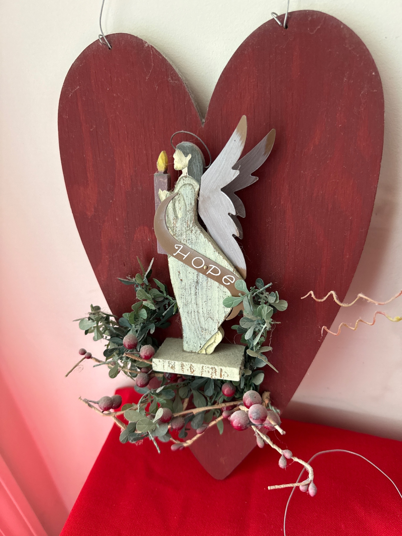 Three rustic wooden heart ornaments with angel figurines - image 3 of 3
