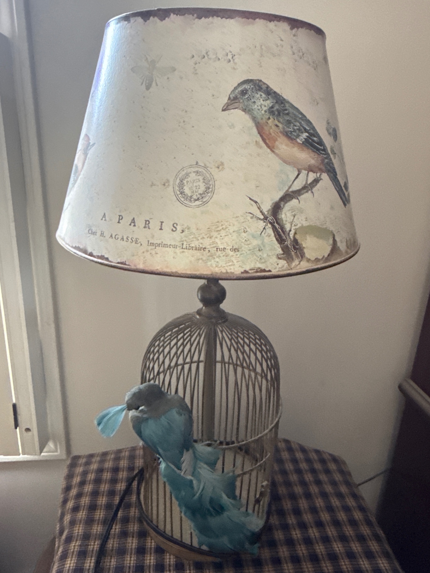Birdcage-style table lamp with printed shade and blue decorative birds - image 1 of 1
