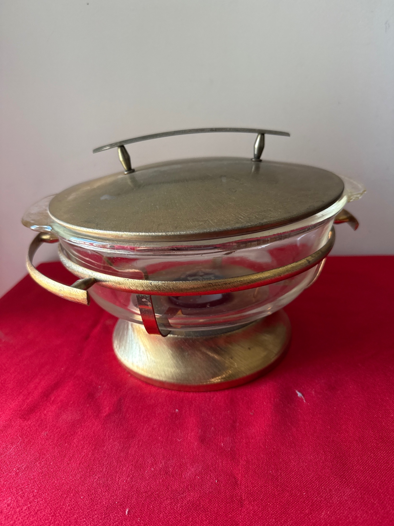Vintage glass fondue pot with metal lid and brass base - image 1 of 1