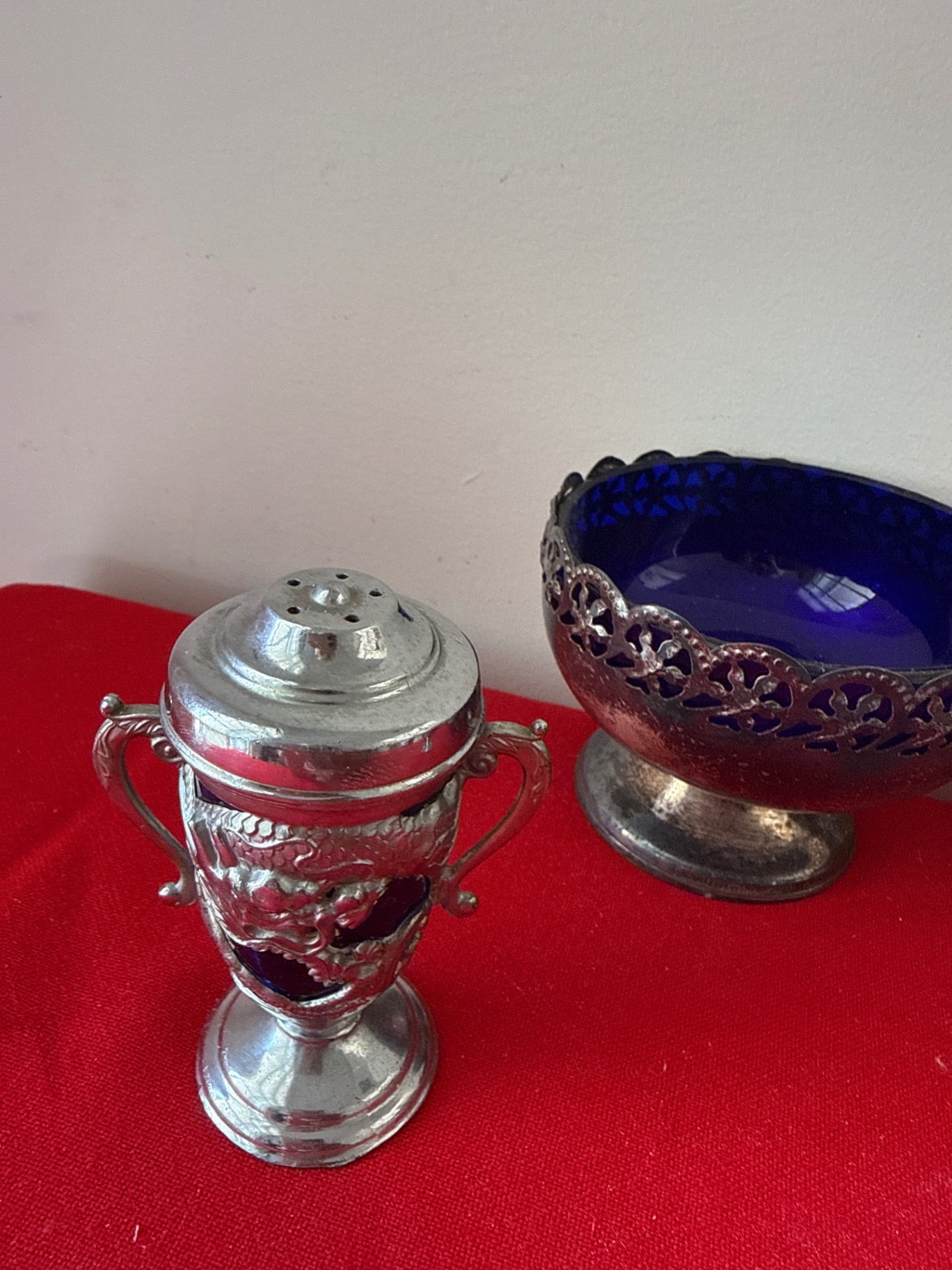 Ornate silver-tone salt and pepper shakers with cobalt blue glass bowl and frame - image 4 of 5