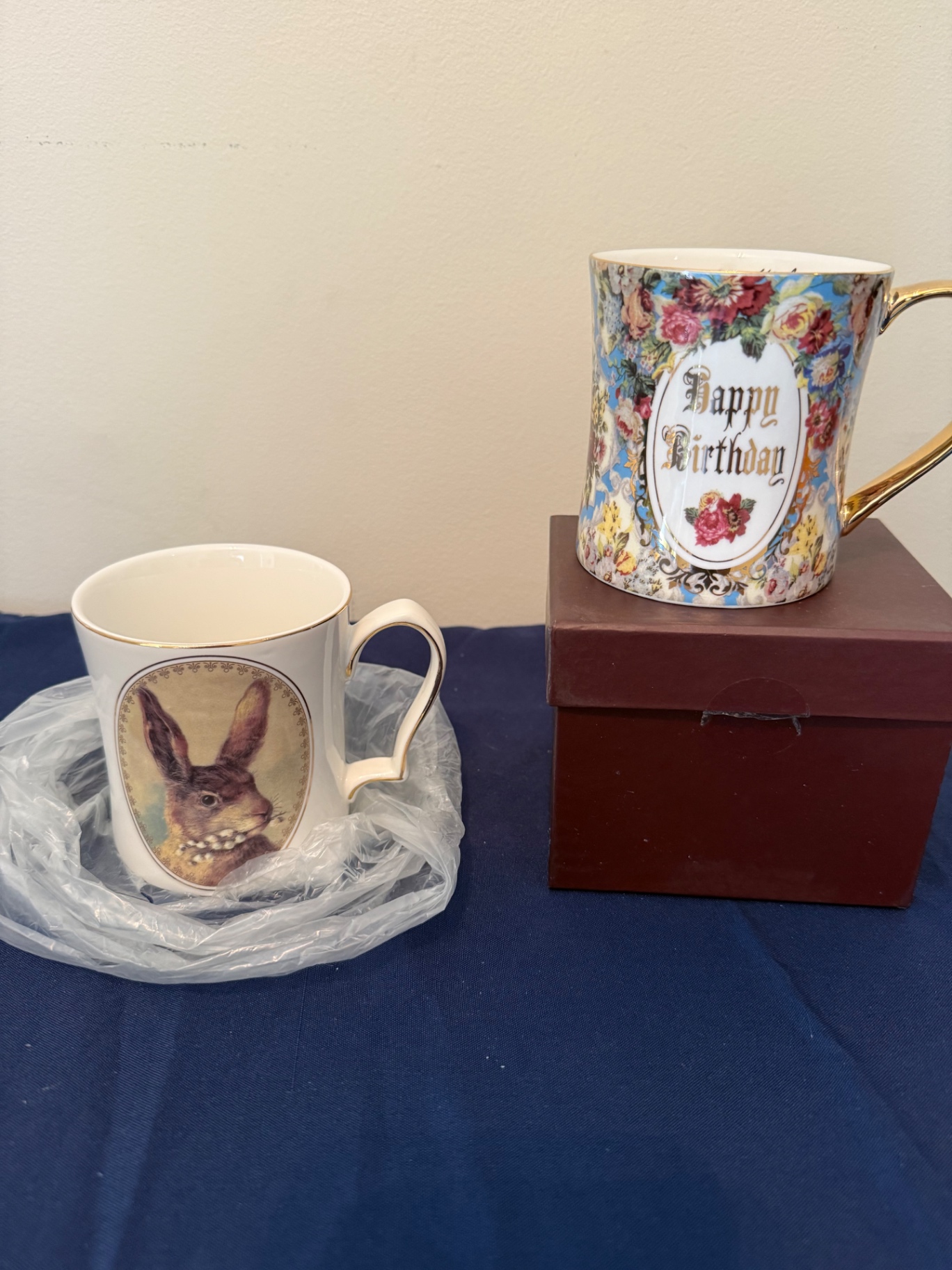 Two ceramic mugs: floral 'Happy Birthday' mug and rabbit portrait mug - image 1 of 3
