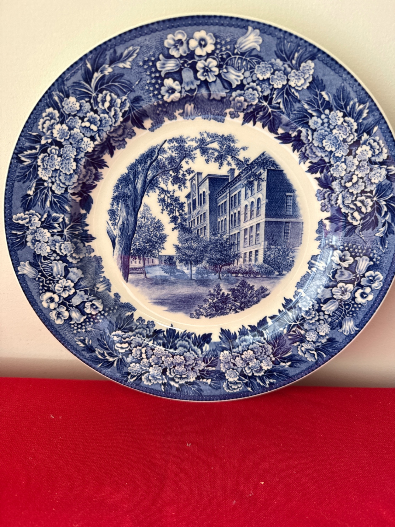 Blue and white decorative plate with Clark University Worcester town scene and floral border - image 2 of 3