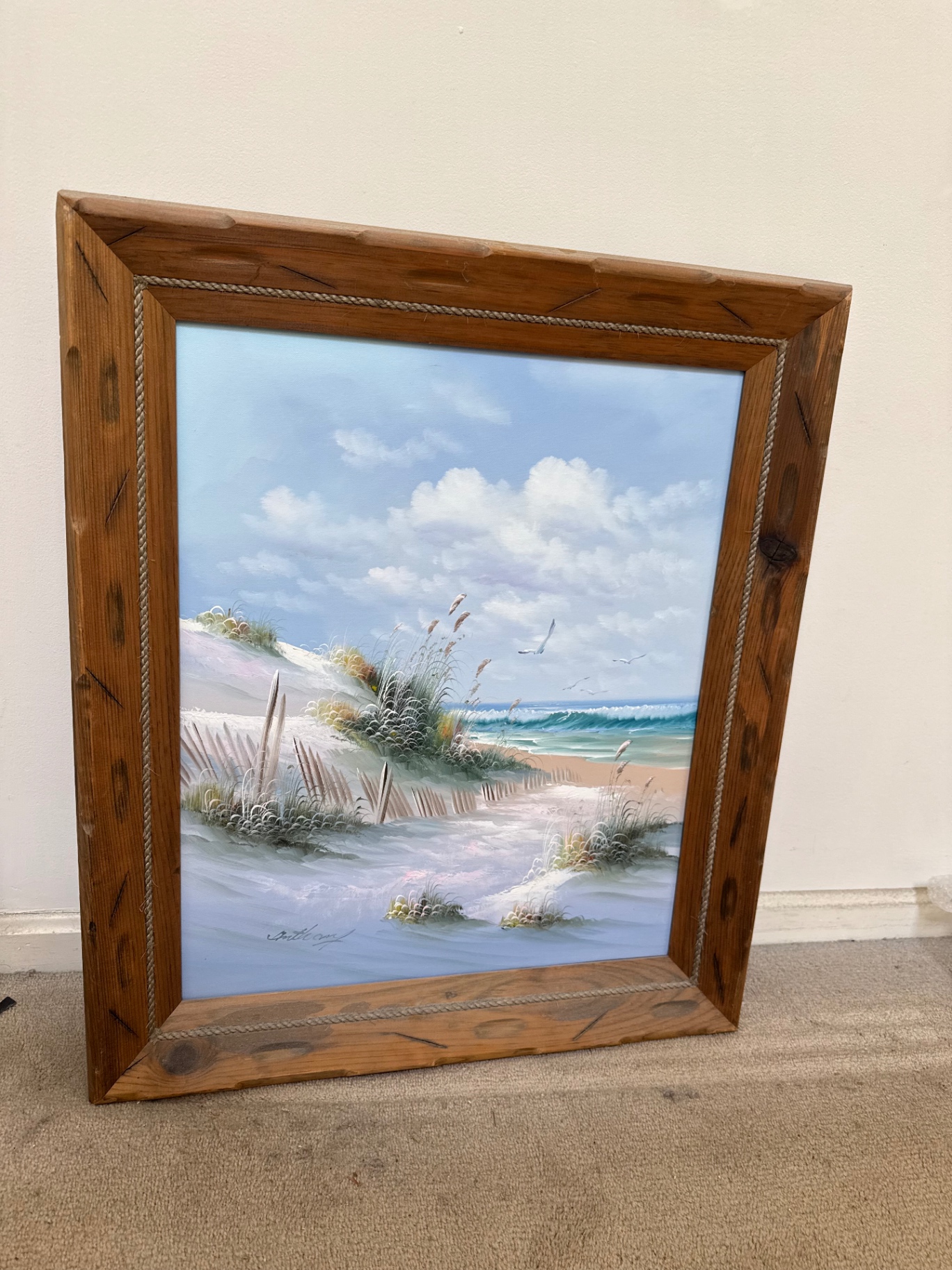 Coastal beach landscape painting in a wood frame - image 1 of 6