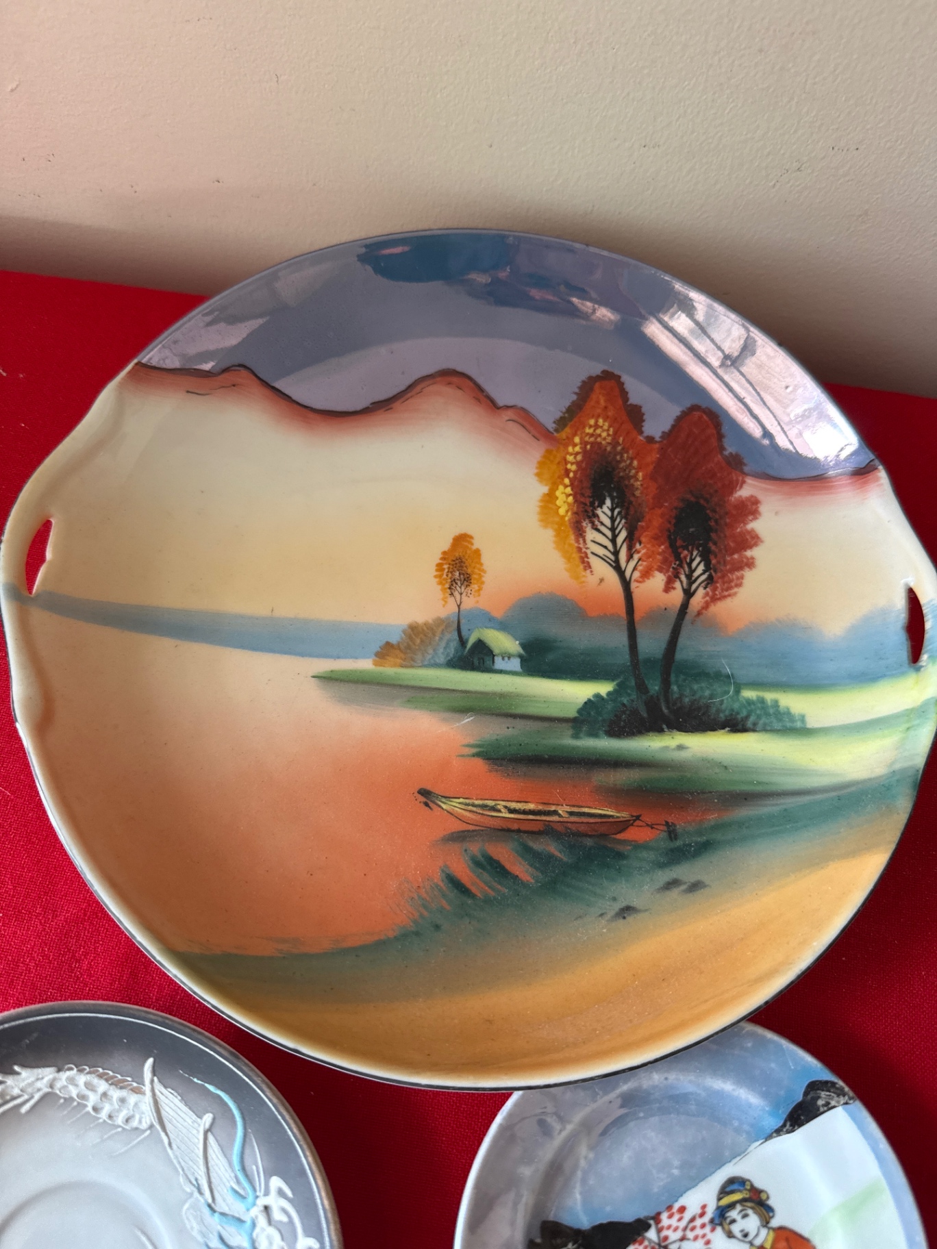 Assorted Japanese porcelain bowls and platter with landscape, dragon and girl motifs - image 3 of 8