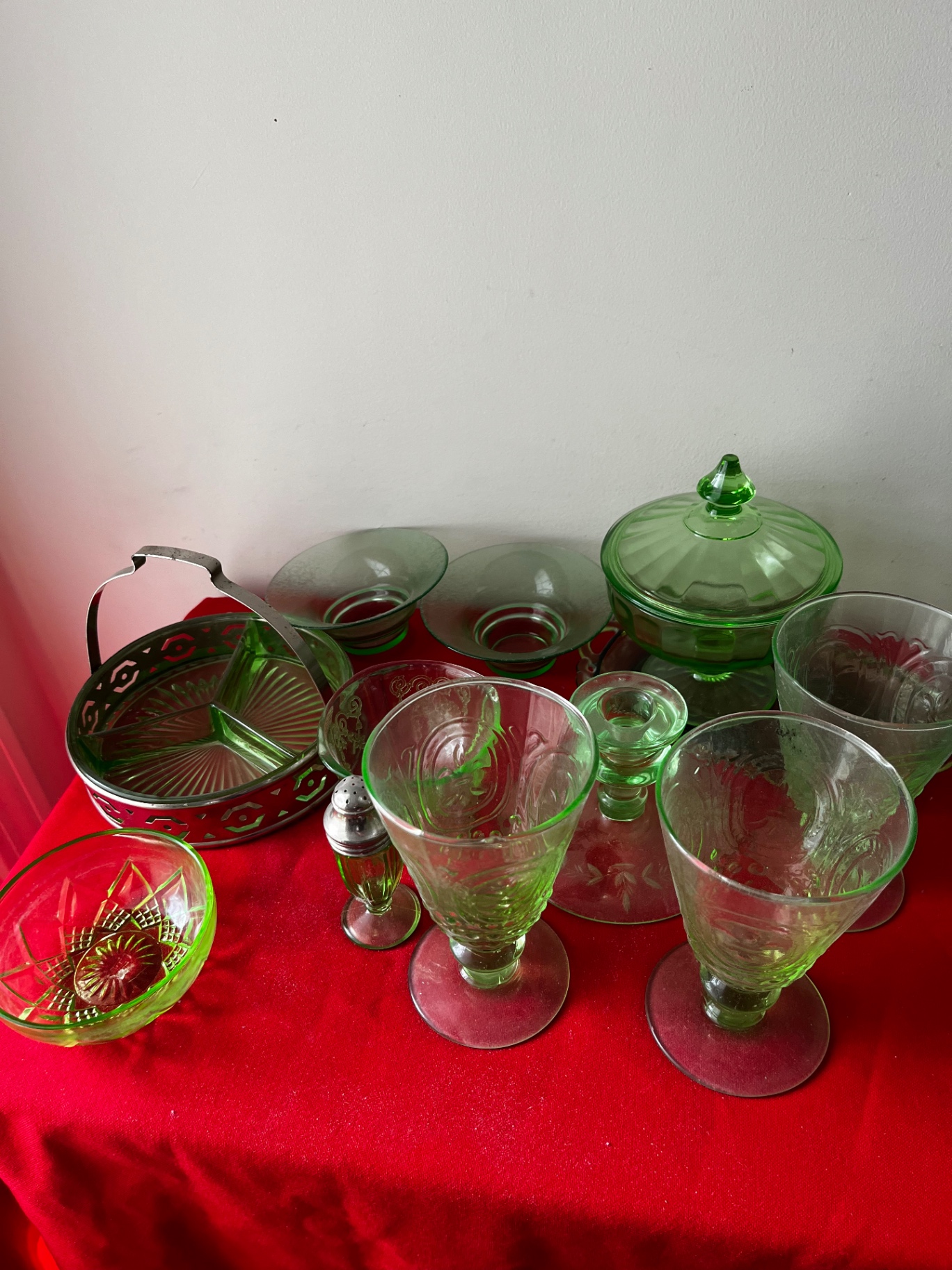 Green glassware collection with lidded dish and metal basket - image 2 of 5