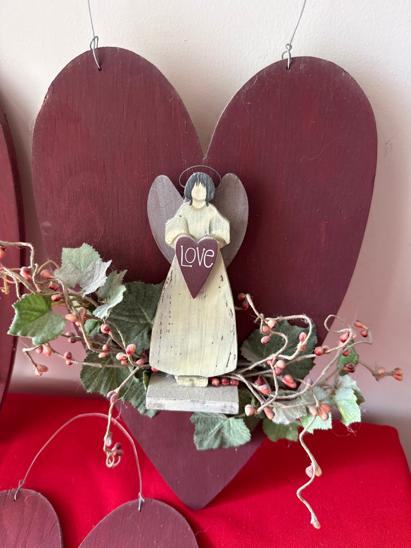 Three rustic wooden heart ornaments with angel figurines - image 2 of 3