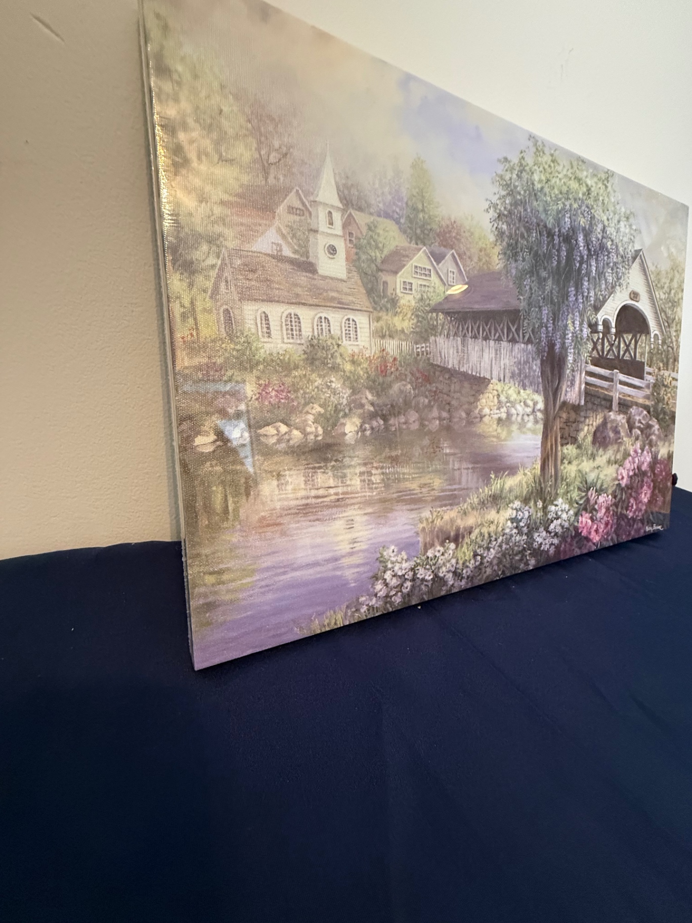 Pastoral landscape canvas print with bridge and flowers - image 1 of 3