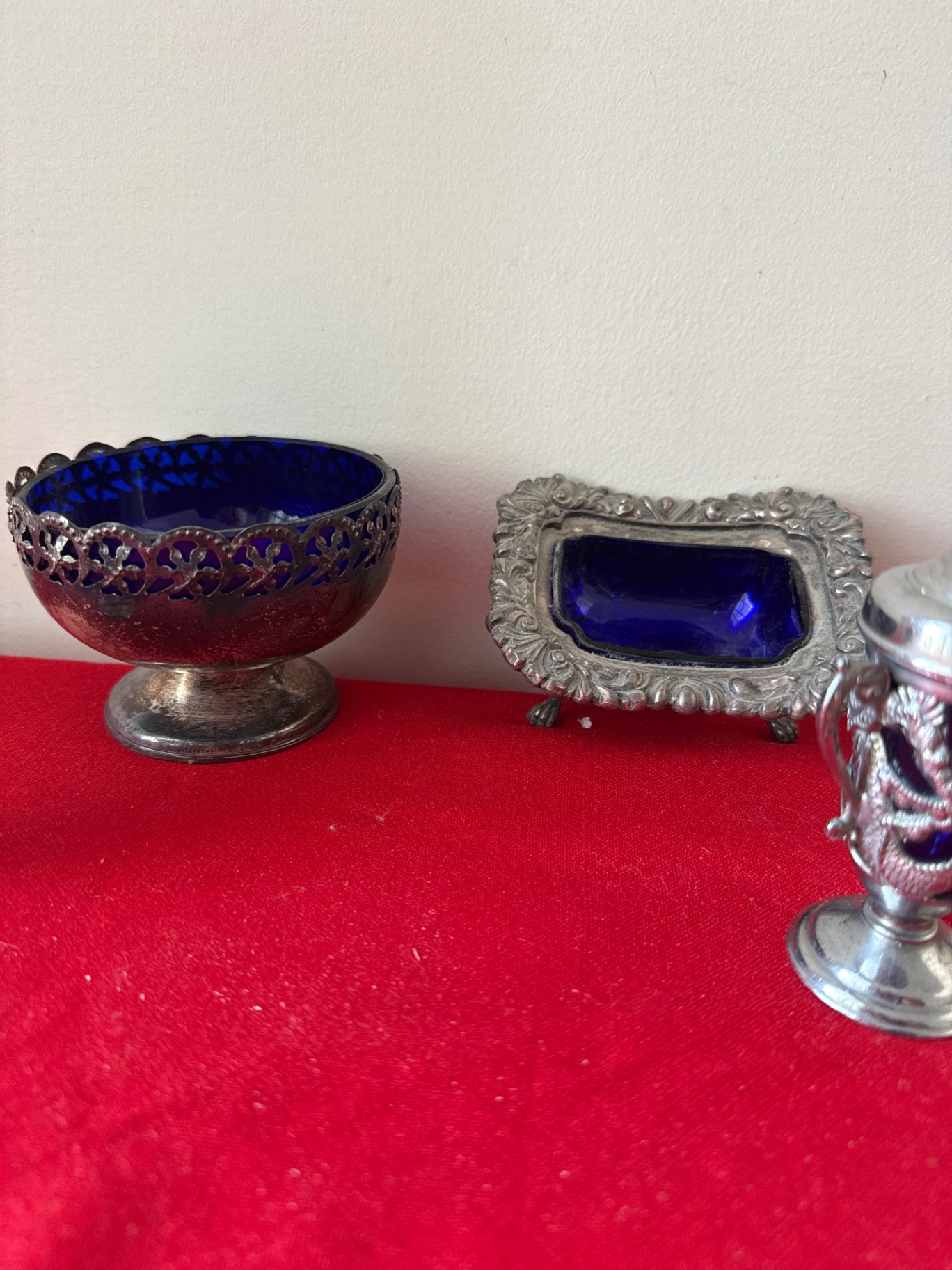 Ornate silver-tone salt and pepper shakers with cobalt blue glass bowl and frame - image 3 of 5