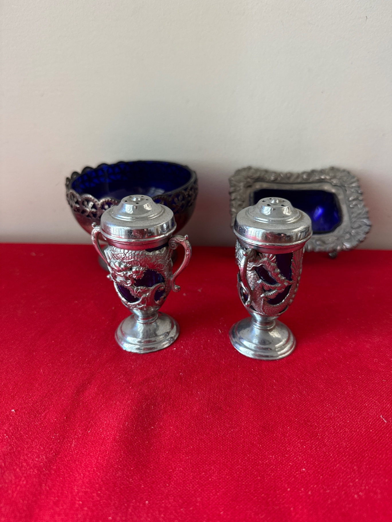 Ornate silver-tone salt and pepper shakers with cobalt blue glass bowl and frame - image 2 of 5