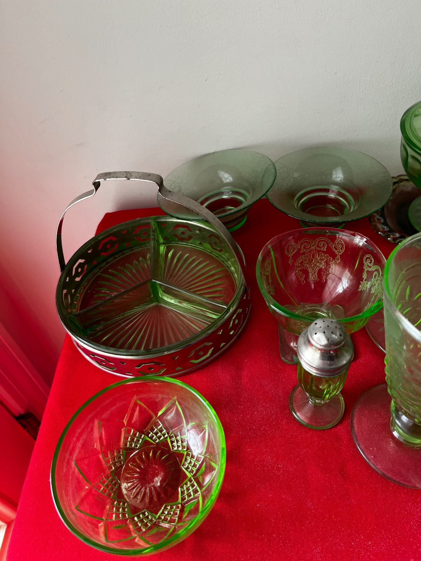 Green glassware collection with lidded dish and metal basket - image 4 of 5