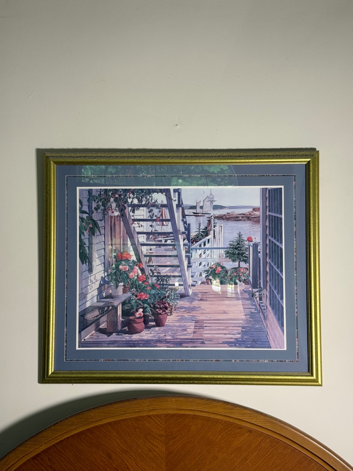 Framed seaside porch print with potted flowers - image 1 of 4
