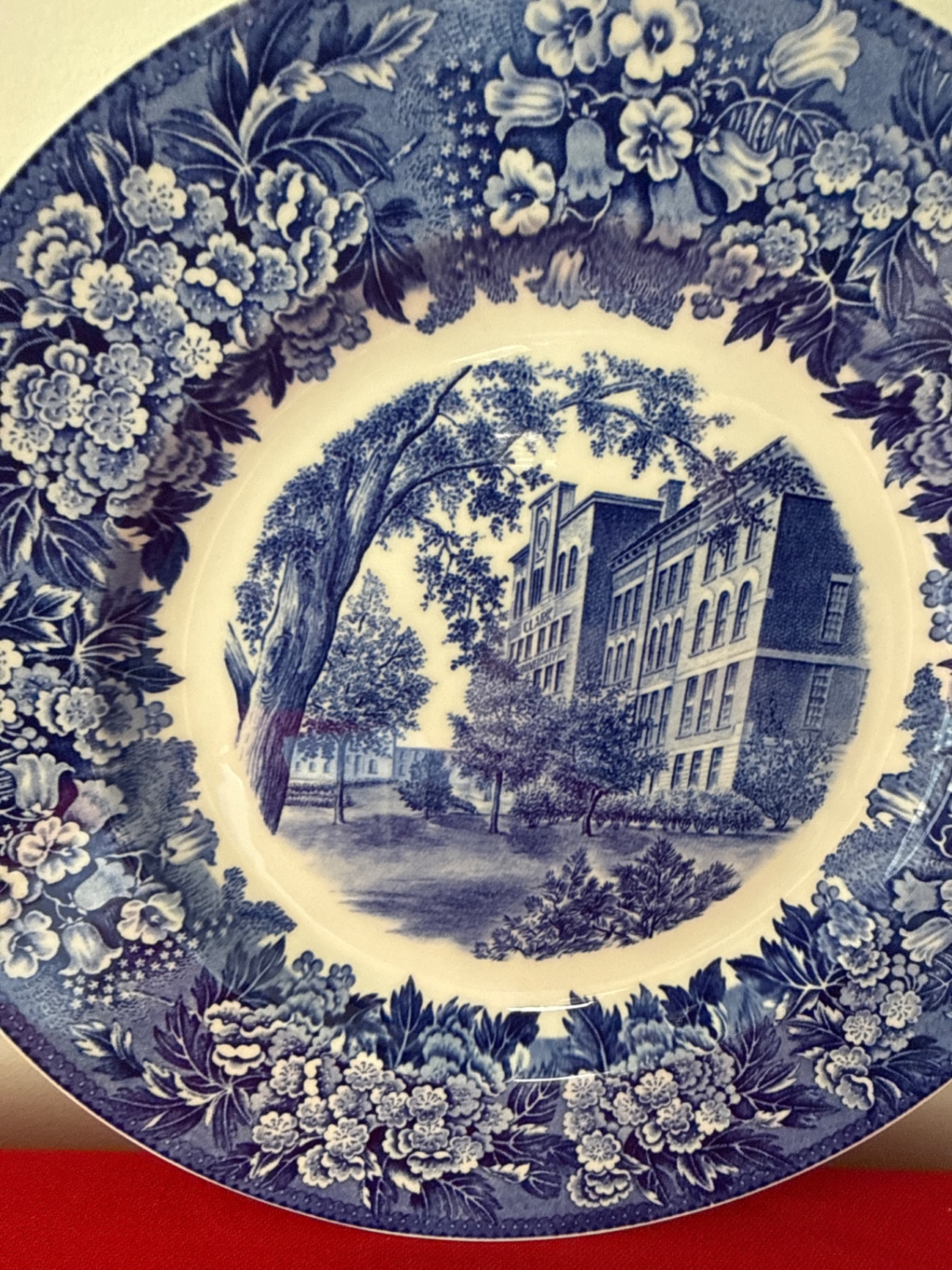 Blue and white decorative plate with Clark University Worcester town scene and floral border - image 3 of 3