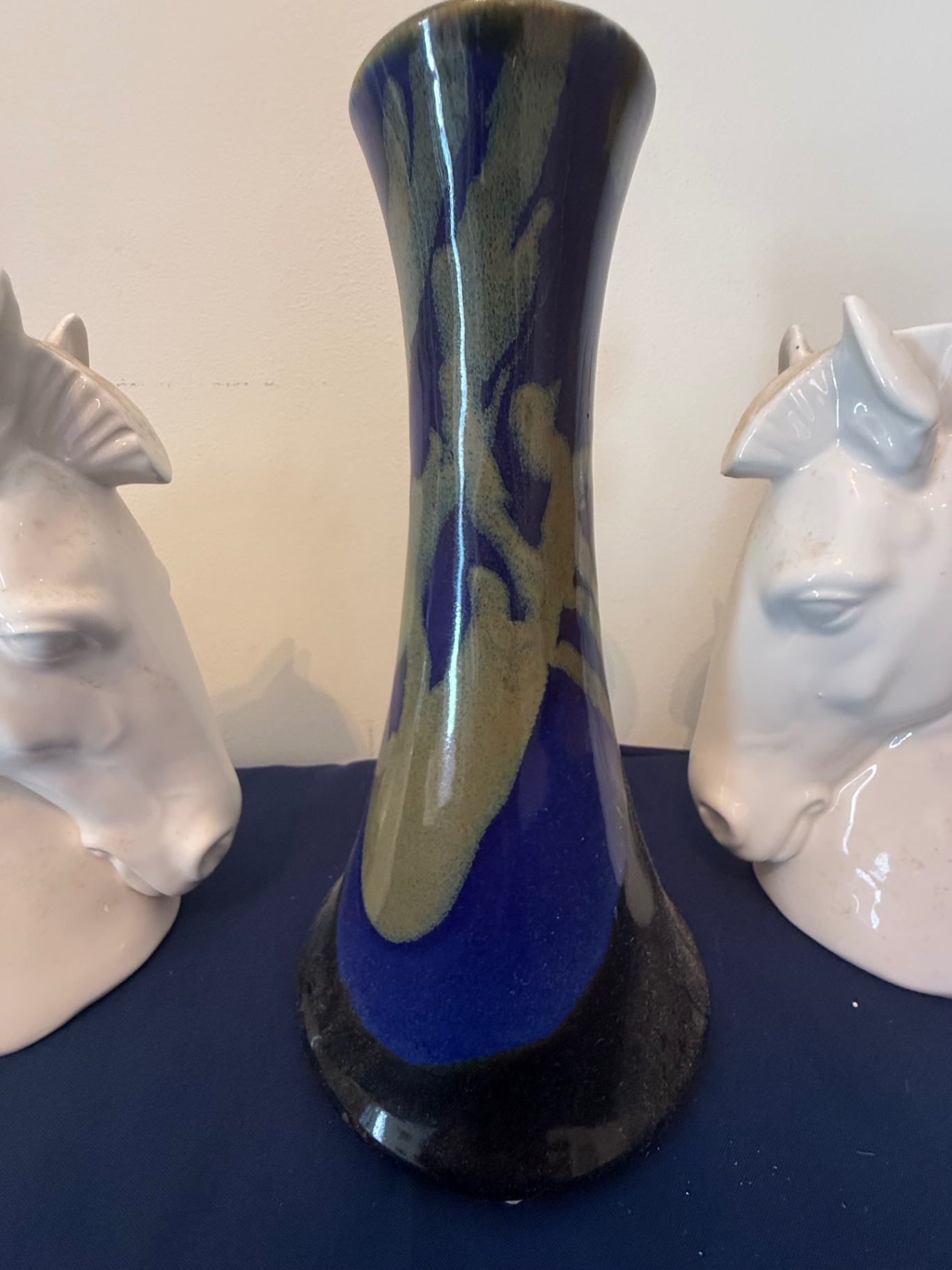 Pair of horse head ceramic busts with a tall glazed vase - image 4 of 5