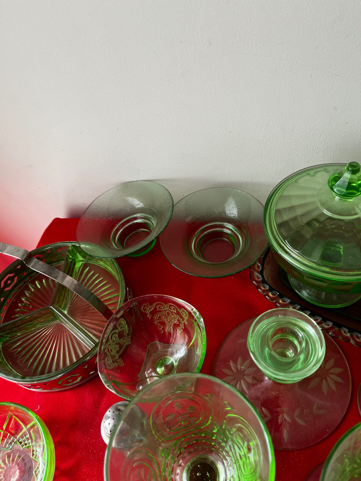 Green glassware collection with lidded dish and metal basket - image 5 of 5