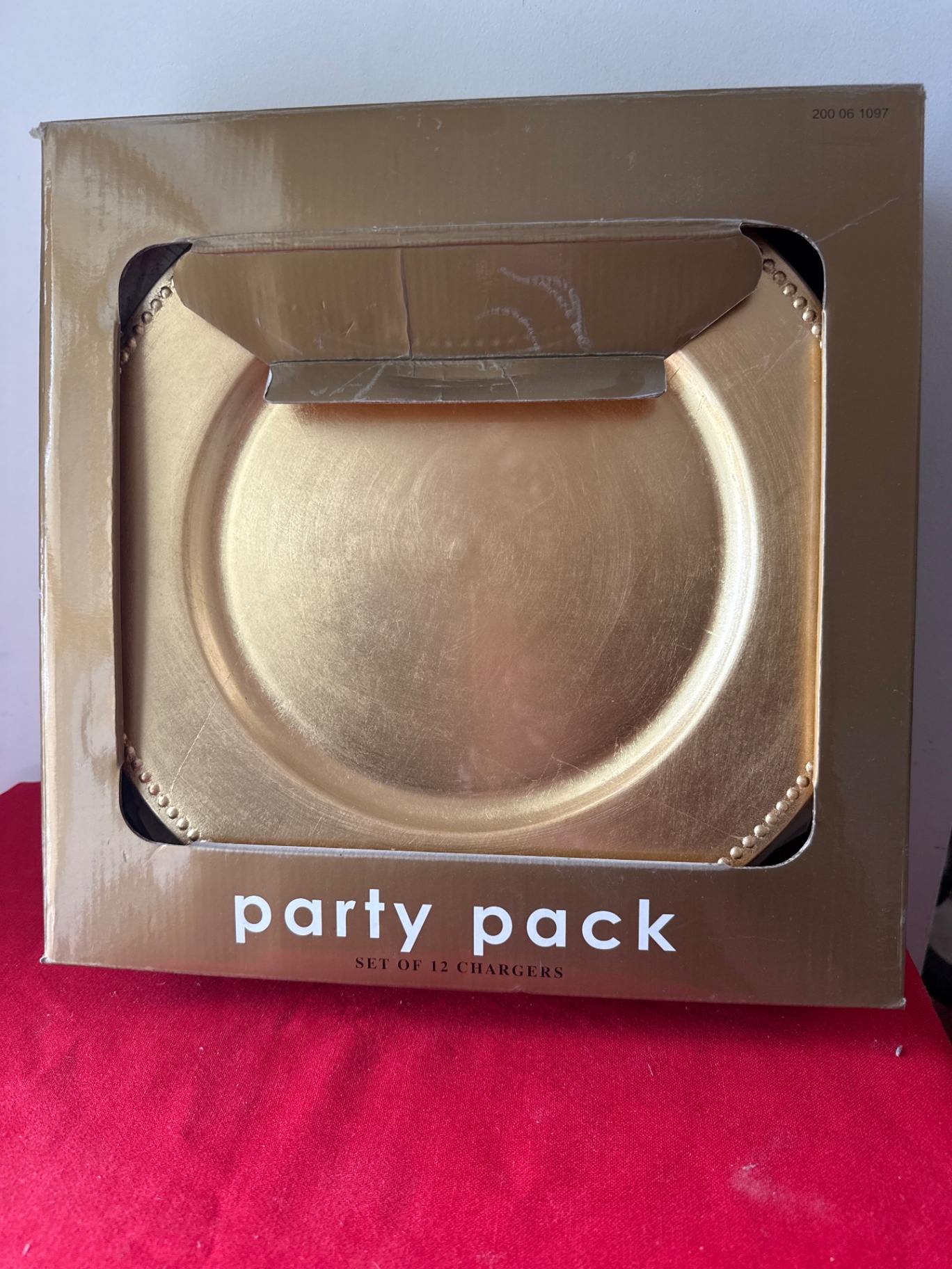 Gold charger plates set (12) in box - image 1 of 3