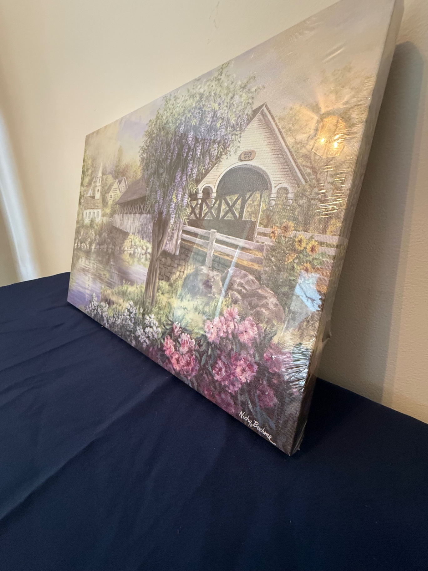 Pastoral landscape canvas print with bridge and flowers - image 2 of 3