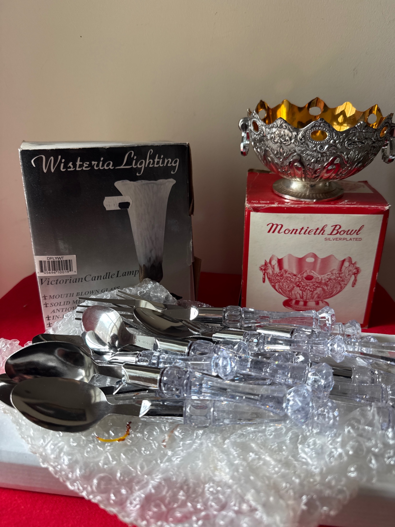 Crystal-handled flatware set with ornate silver bowl and Victorian candle lamp kit - image 1 of 2