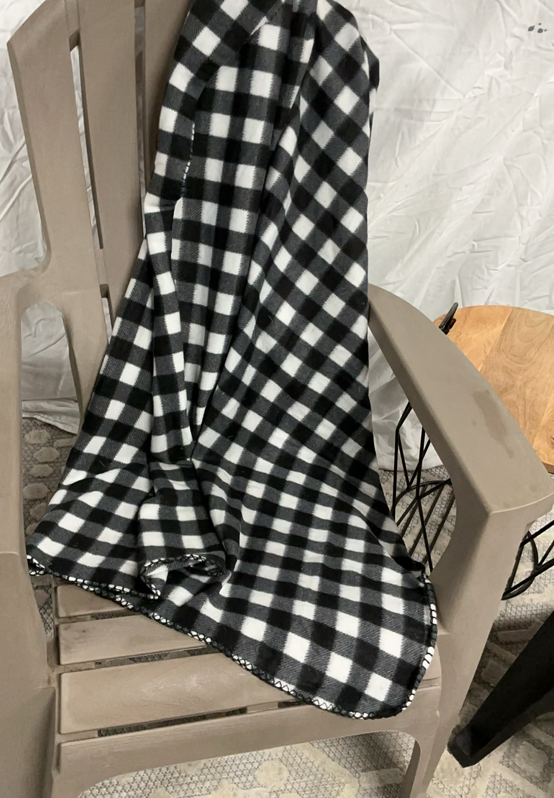 3 Plastic Adirondack Chairs, 2 Metal And Wood Small Tables, 3 Blankets - image 3 of 5