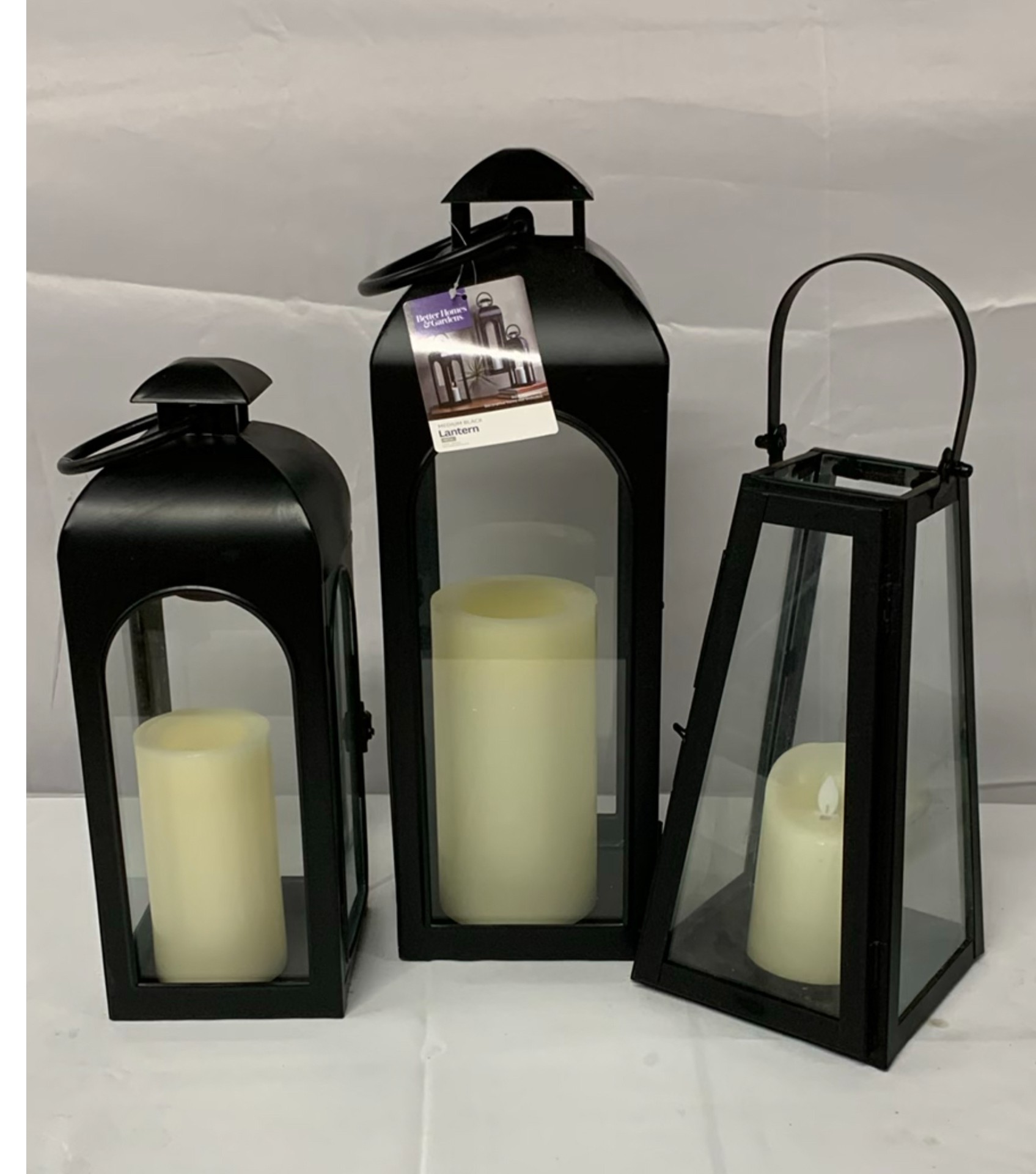 Black metal lanterns, wire baskets, and wooden tray stand - image 4 of 5