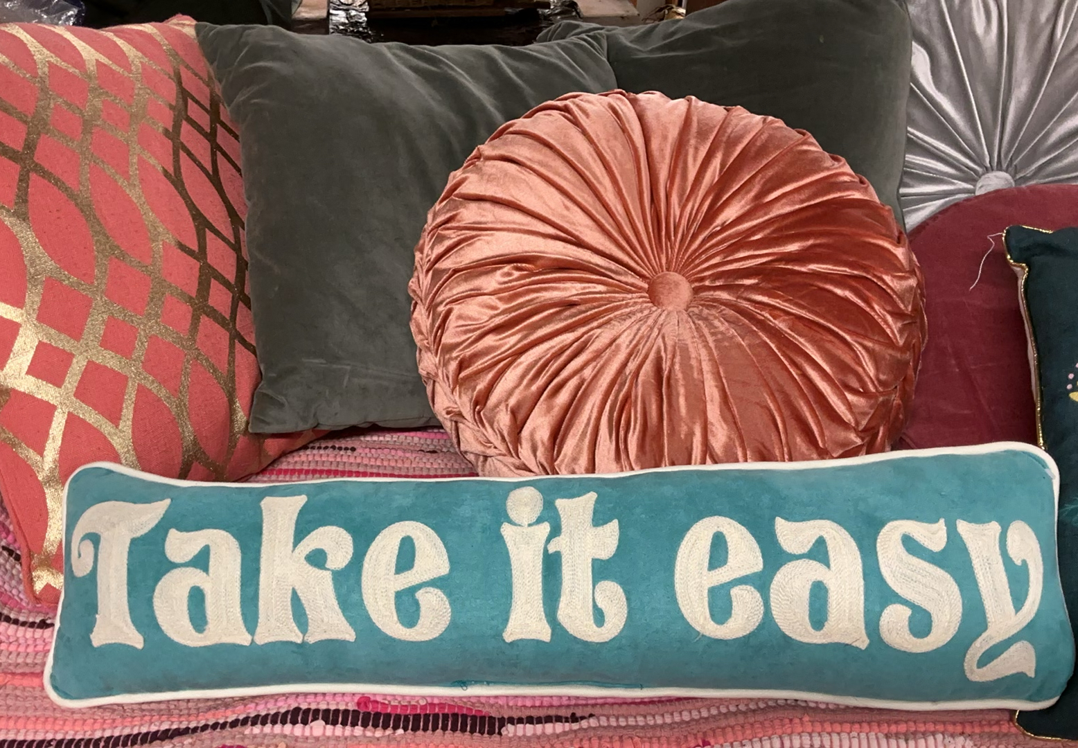 Woven Rug And Throw Pillows, Apricots, Greys, Turquoise - image 3 of 8