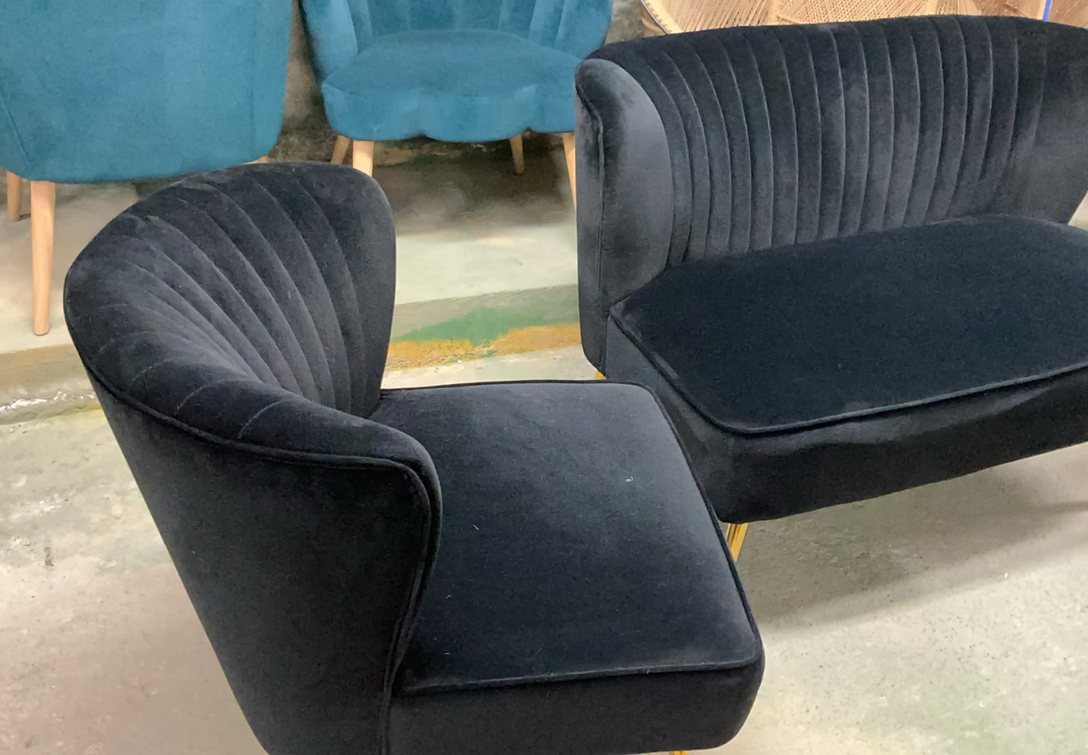MCM Inspired, Black Velour Settee And Two Matching armless Chairs - image 2 of 8