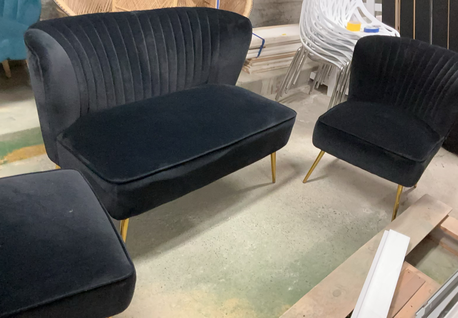 MCM Inspired, Black Velour Settee And Two Matching armless Chairs - image 1 of 8