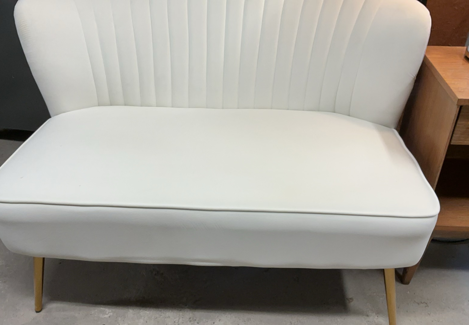 Ivory Velour Cushioned Settee, MCM Nightstand, Contemporary Lamp - image 2 of 8